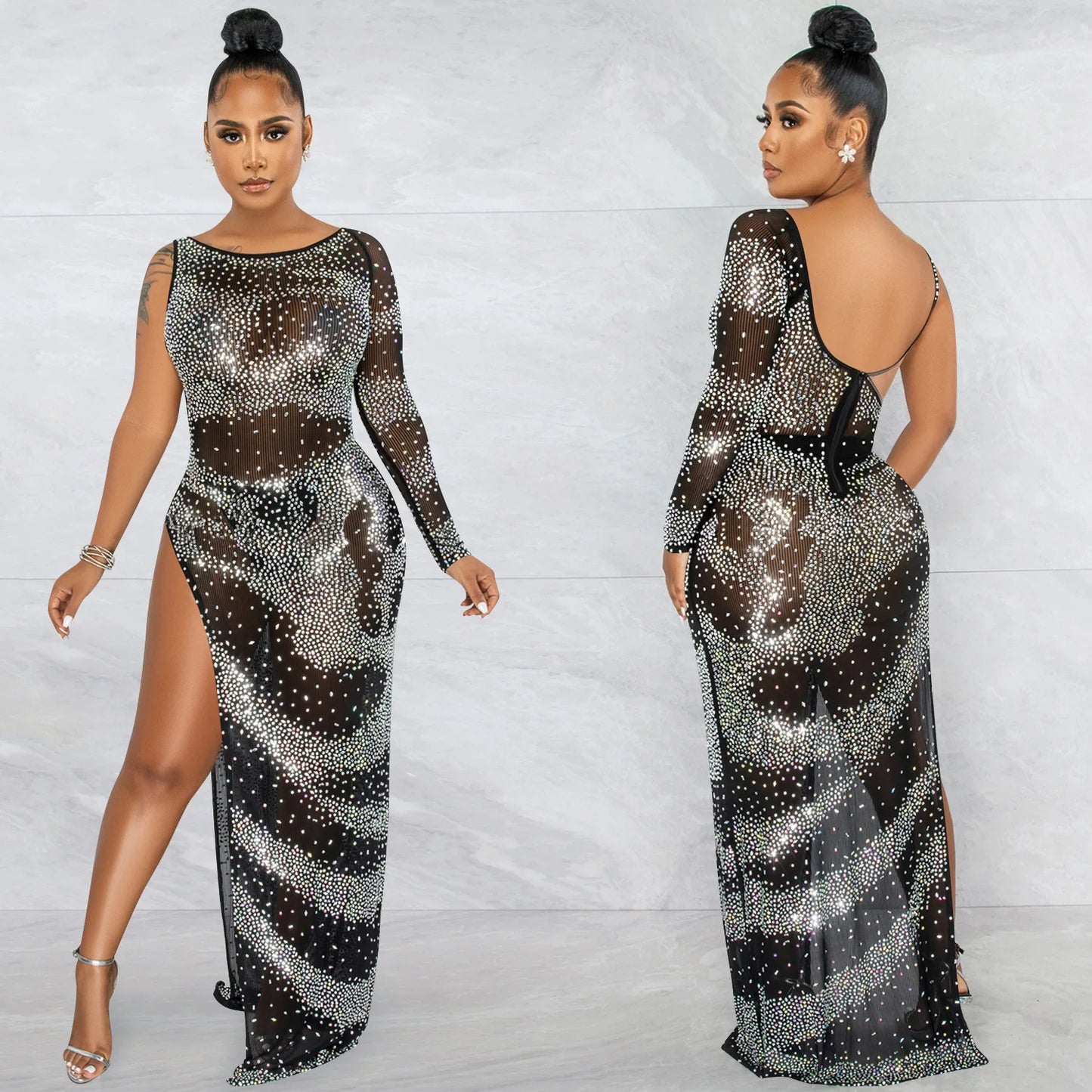 Fashion Nightclub Hot Drilling Single Long Sleeve Irregular Slit Maxi Dress