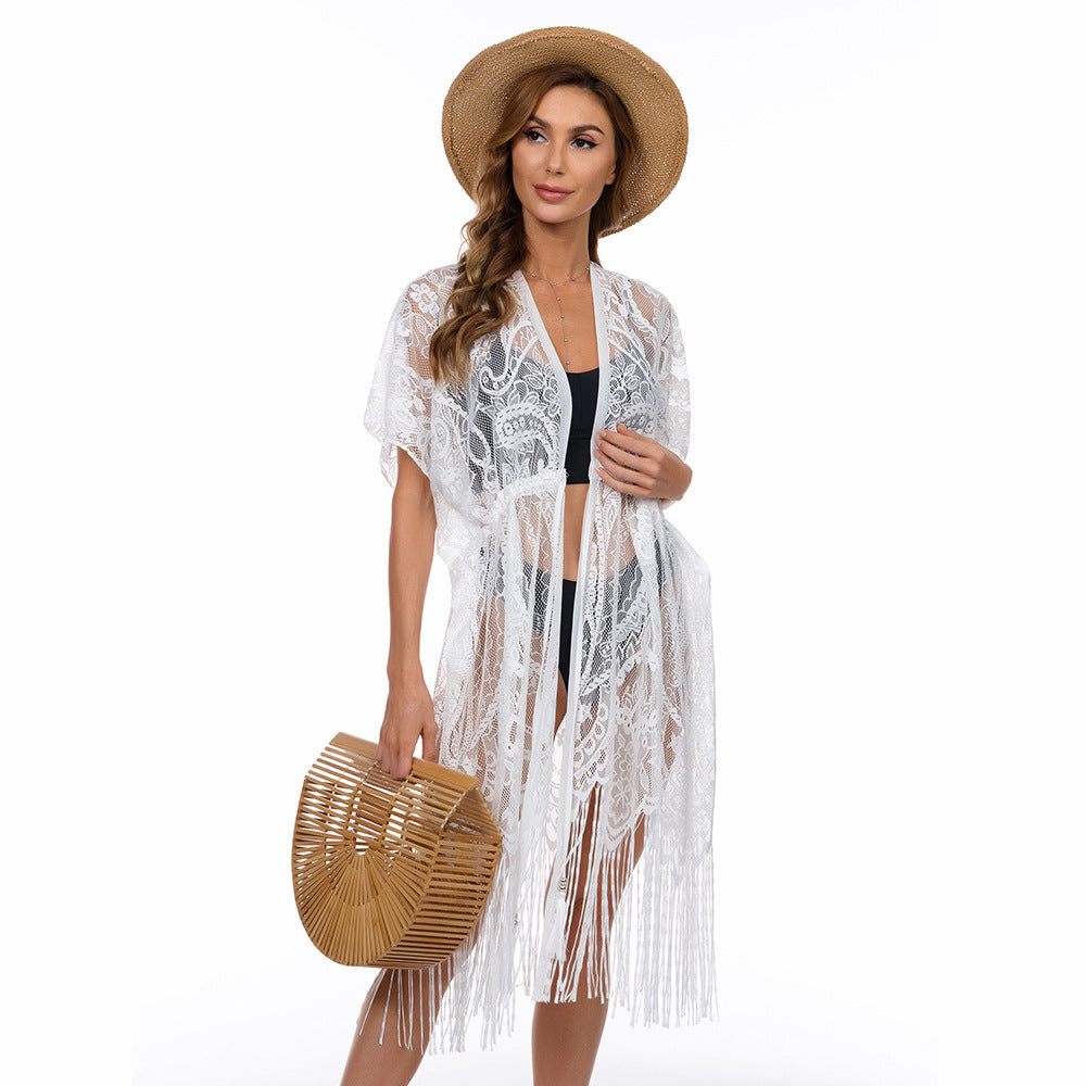 Lace Cardigan Elastic Waist Beach Style Bikini Blouse Sun Protection Clothing