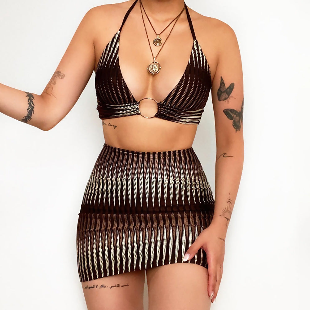 European And American Women's Printed Beach Halter Swimsuit Bikini Skirt Suit