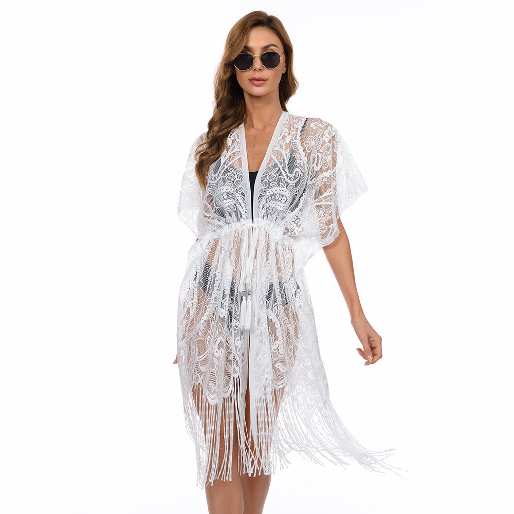 Lace Cardigan Elastic Waist Beach Style Bikini Blouse Sun Protection Clothing