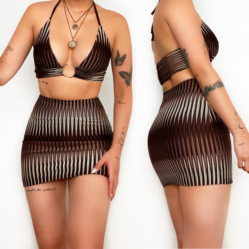 European And American Women's Printed Beach Halter Swimsuit Bikini Skirt Suit