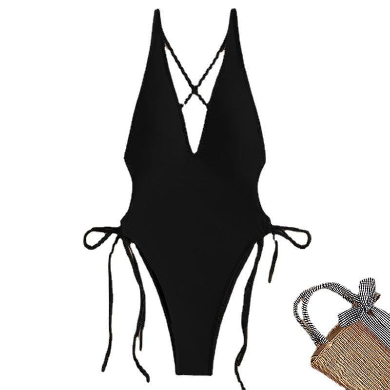 Deep V Lace-Up One-Piece Swimsuit – Sexy Summer Beachwear