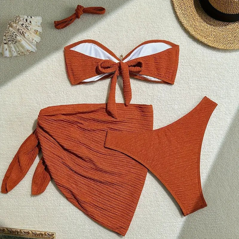 Bikini Solid Color Swimsuit Three-Piece Tube Top Beach Skirt – Women