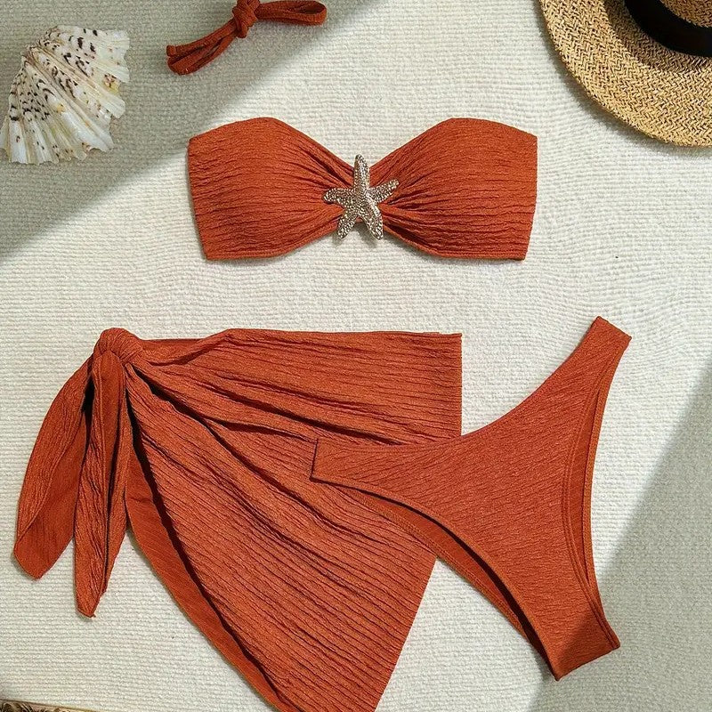 Bikini Solid Color Swimsuit Three-Piece Tube Top Beach Skirt – Women