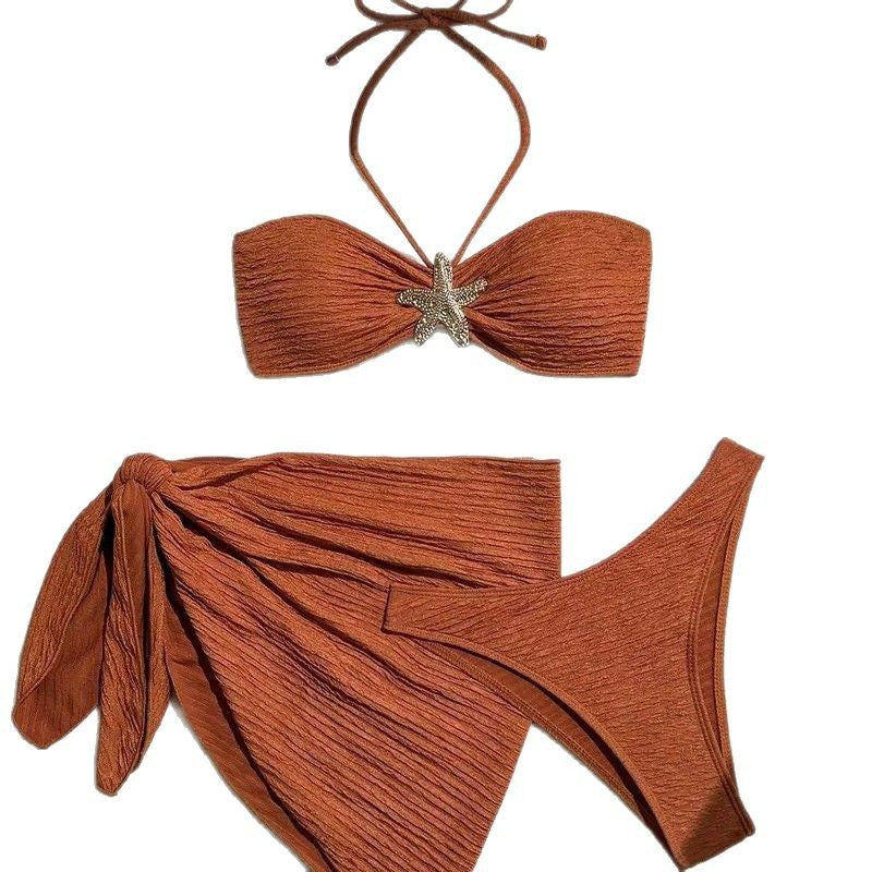 Bikini Solid Color Swimsuit Three-Piece Tube Top Beach Skirt – Women