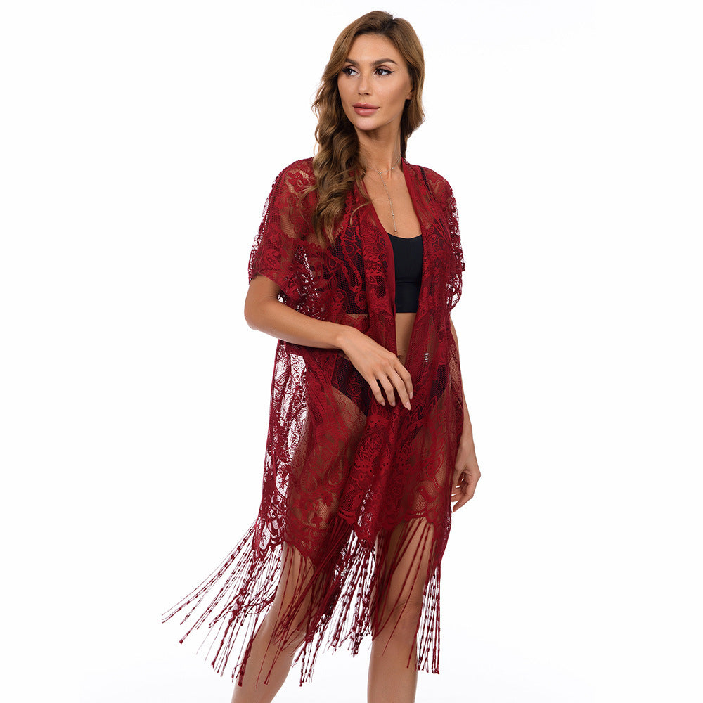 Lace Cardigan Elastic Waist Beach Style Bikini Blouse Sun Protection Clothing