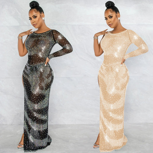 Fashion Nightclub Hot Drilling Single Long Sleeve Irregular Slit Maxi Dress