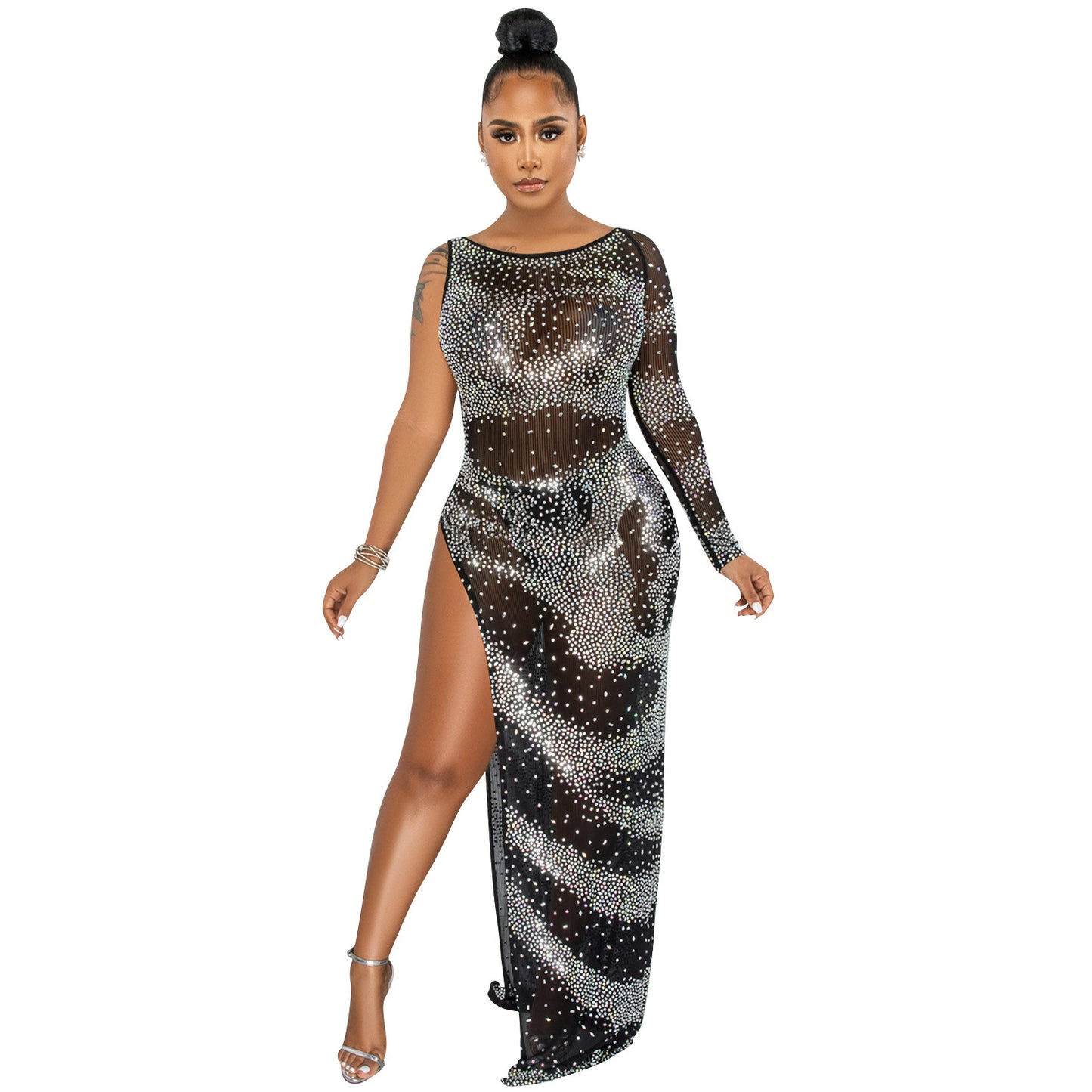 Fashion Nightclub Hot Drilling Single Long Sleeve Irregular Slit Maxi Dress