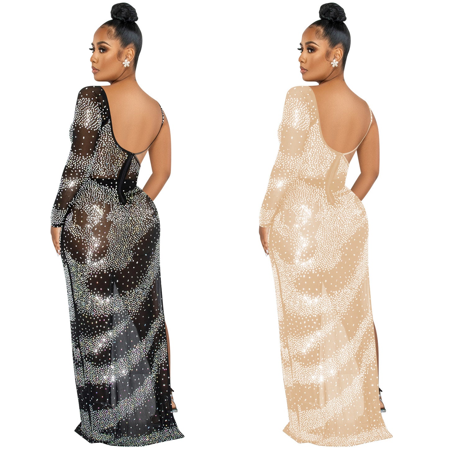 Fashion Nightclub Hot Drilling Single Long Sleeve Irregular Slit Maxi Dress