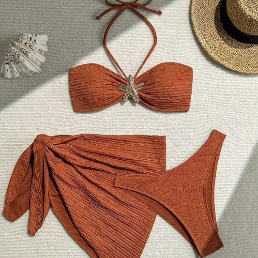 Bikini Solid Color Swimsuit Three-Piece Tube Top Beach Skirt – Women
